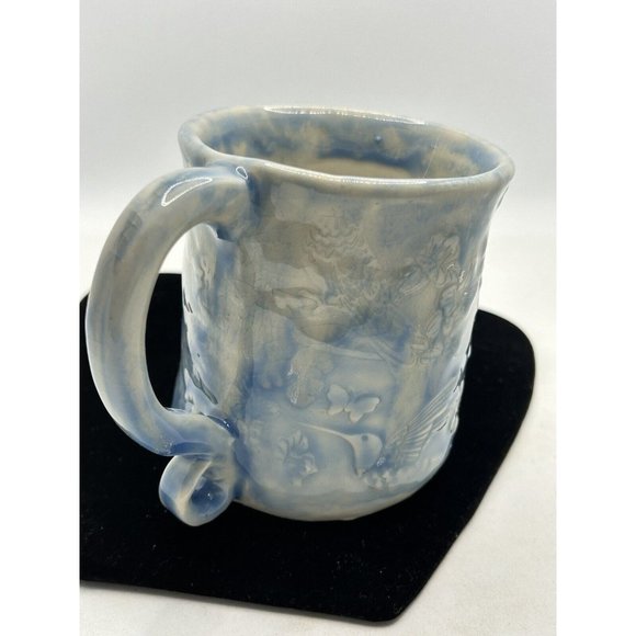 mug pottery hummingbird Butterflies Blue Floral Signed Yaz - Picture 2 of 15
